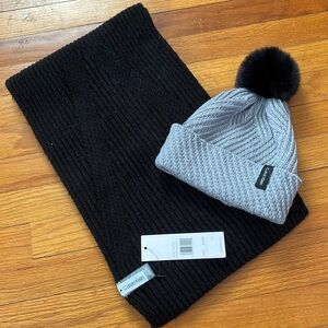 NWT Calvin Klein Black Scarf & Gray Pompom Hat Set